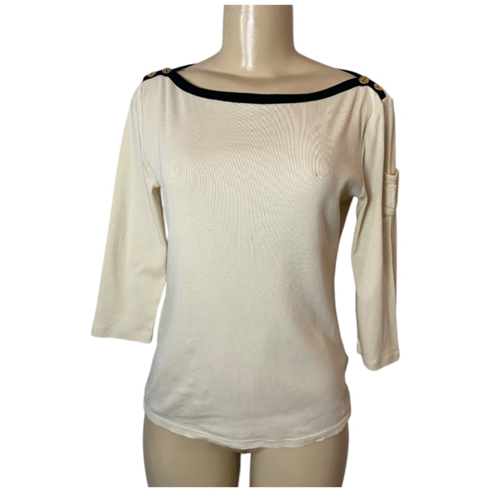 Lauren Ralph Lauren Top Medium Cream 3/4 Sleeve Boat Neck Top T-Shirt